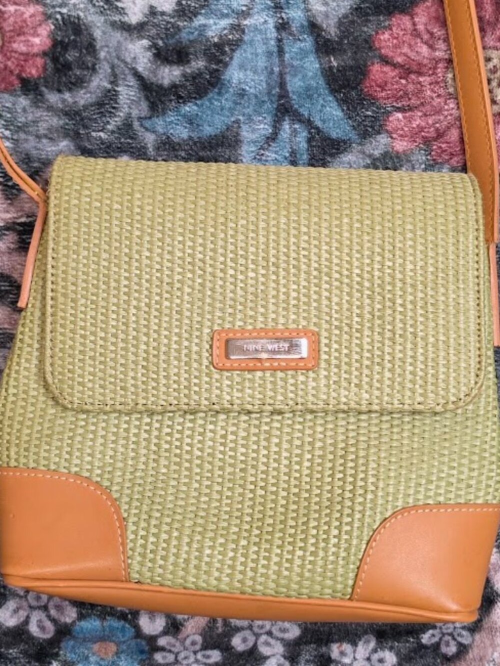 Nine West Sage Green Woven Straw Crossbody Bag Boho Coastal